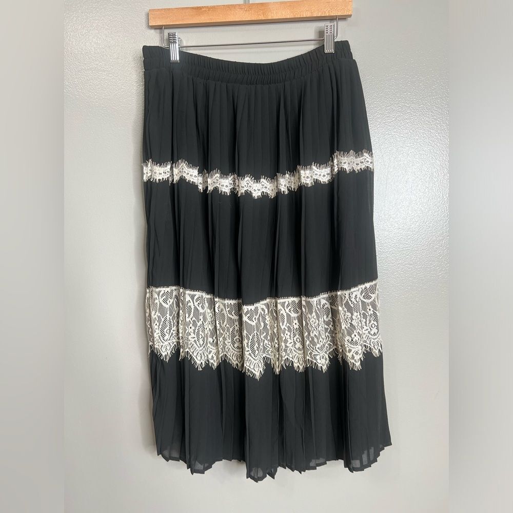 whimsical A line skirt black cream pleated lace feminine office Adiva